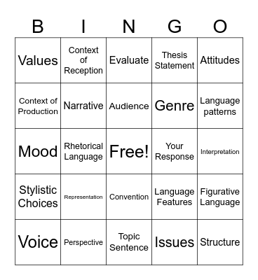 11 English Glossary Bingo Card