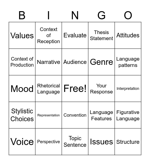 11 English Glossary Bingo Card