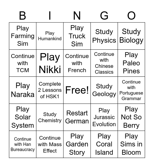 Side Quest Bingo Card