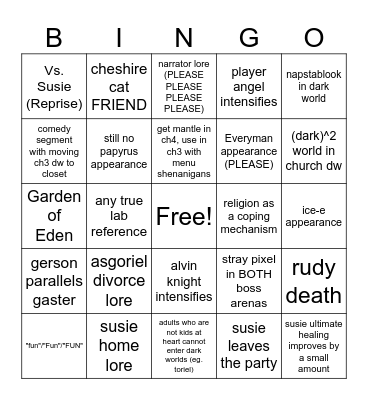 deltarune ch3-4 predictions/delusions Bingo Card