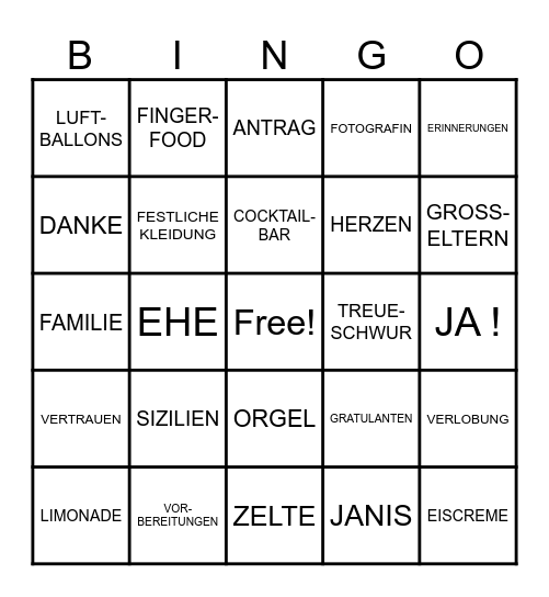 Judiths und Janis´ Hochzeit Bingo Card