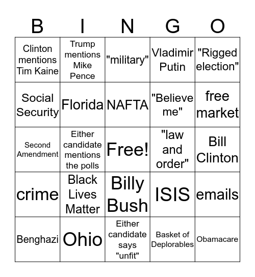 Third Presidential Debate Bingo Card