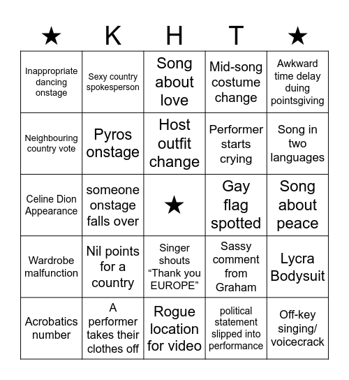 EUROVISION BINGO Card