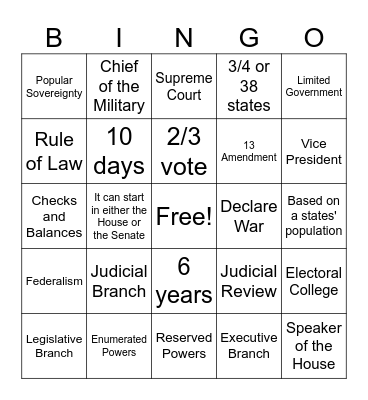 Powers, Structures, and Functions of the Government Bingo Card