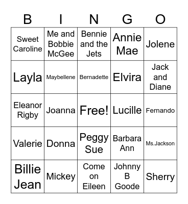 Musical Name Game Bingo Card