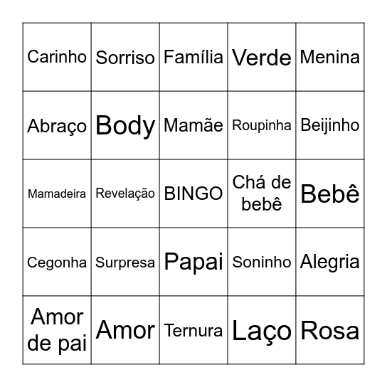 Chá Revelação Bingo Card