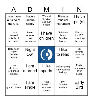 Admin Bingo Card