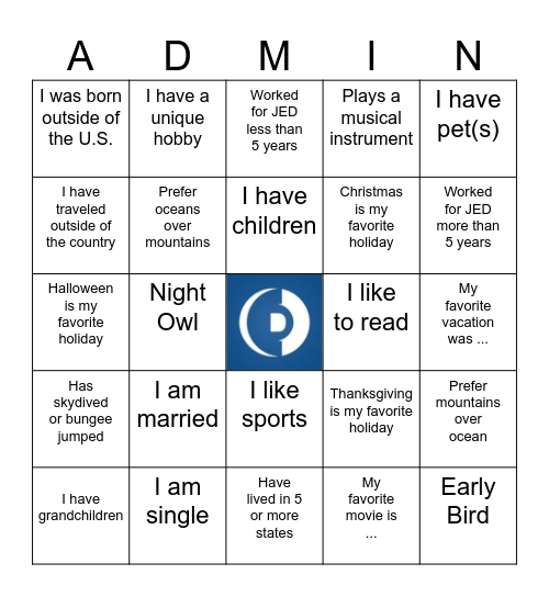 Admin Bingo Card