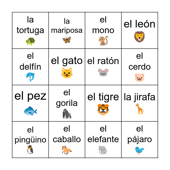 Los animales Bingo Card