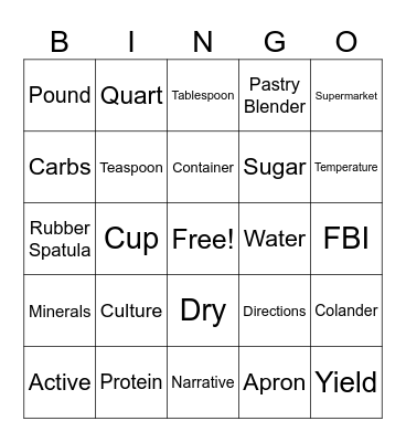 Foods and Nutirition Bingo Card