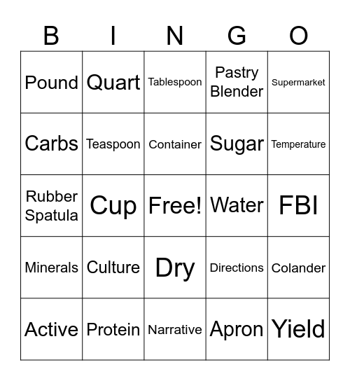 Foods and Nutirition Bingo Card