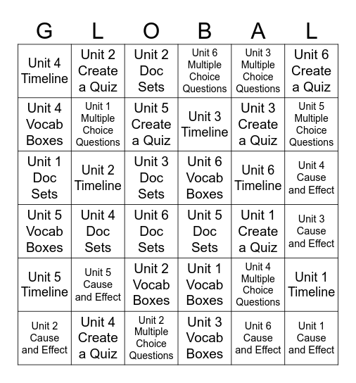 Global Regents Review Bingo Card