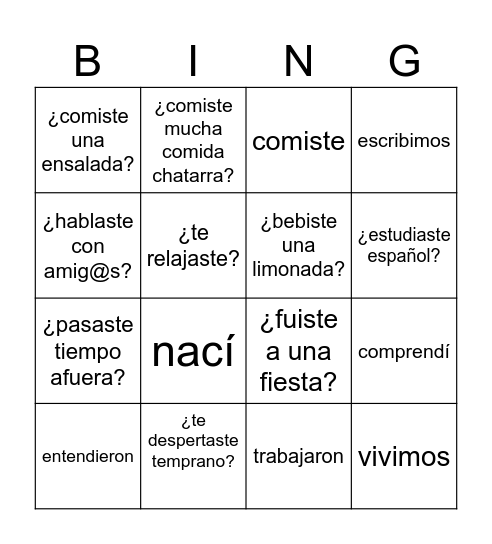 El pasado (el pretérito) Bingo Card