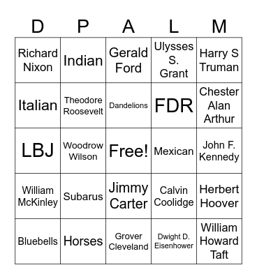 Presidents and DePalma Facts Bingo Card