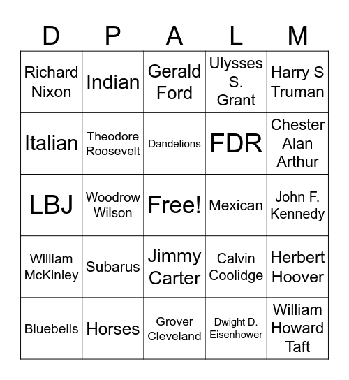 Presidents and DePalma Facts Bingo Card