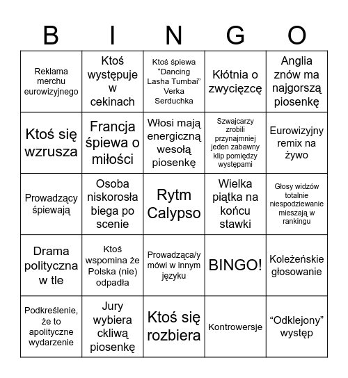 Eurowizja 2025 Bingo Card