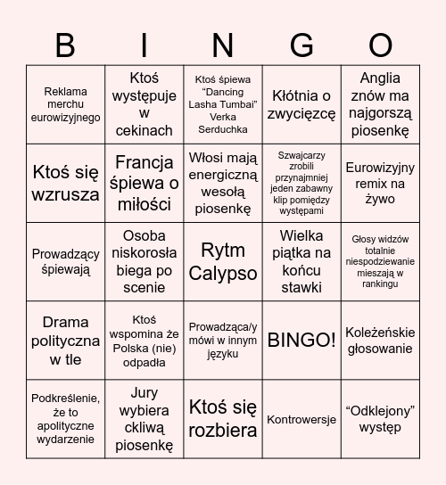 Eurowizja 2025 Bingo Card
