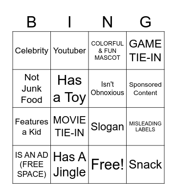 Junk Food Ads Bingo Card