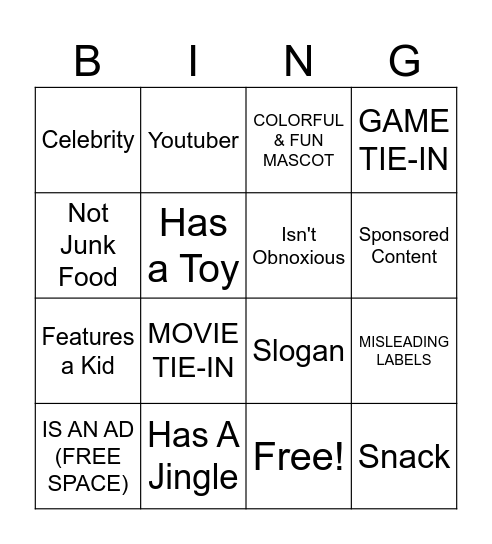 Junk Food Ads Bingo Card