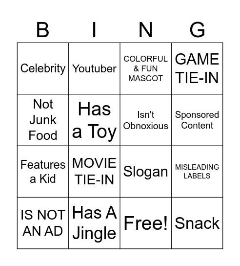 JUNK FOOD ADS Bingo Card