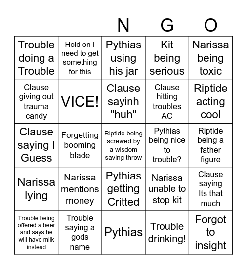 Character bingo Card