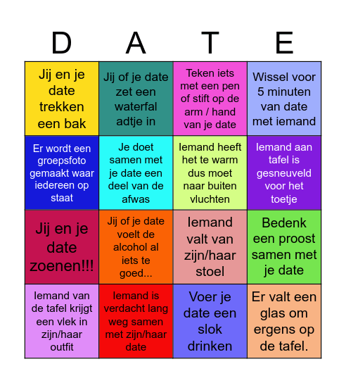 Date diner 2025 Bingo Card