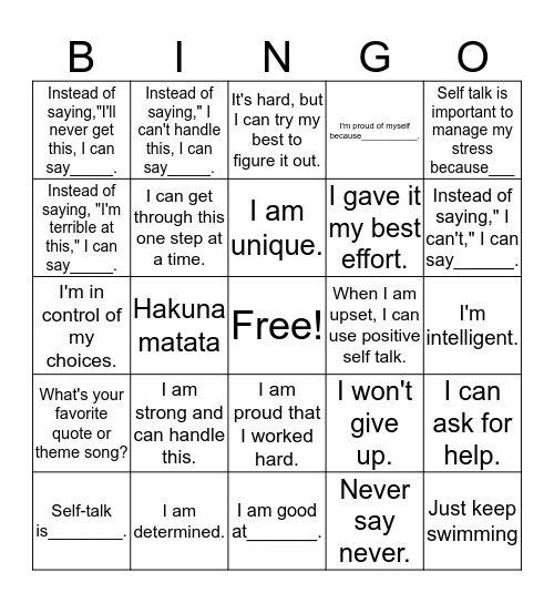 Positive Self-Talk Bingo Card