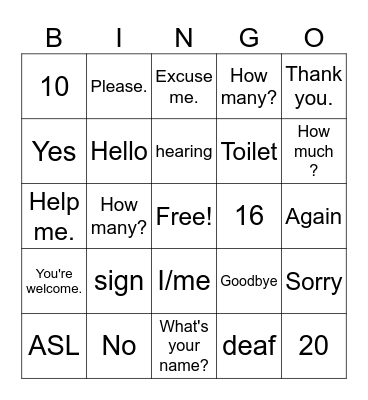 ASL Bingo Card