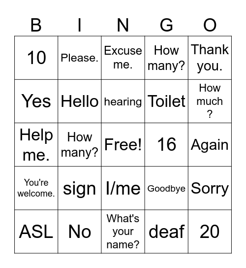 ASL Bingo Card