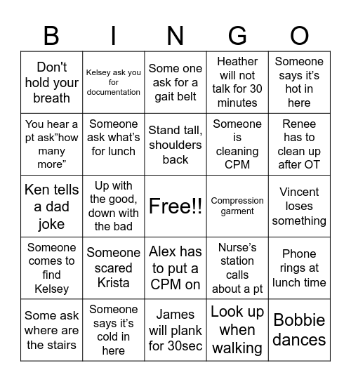 Physical Therapy Bingo Card