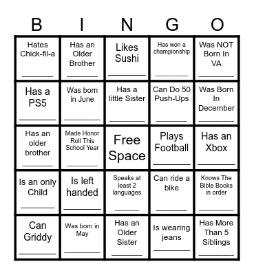 YOUTH HUMAN BINGO Card