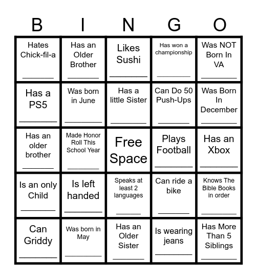 YOUTH HUMAN BINGO Card