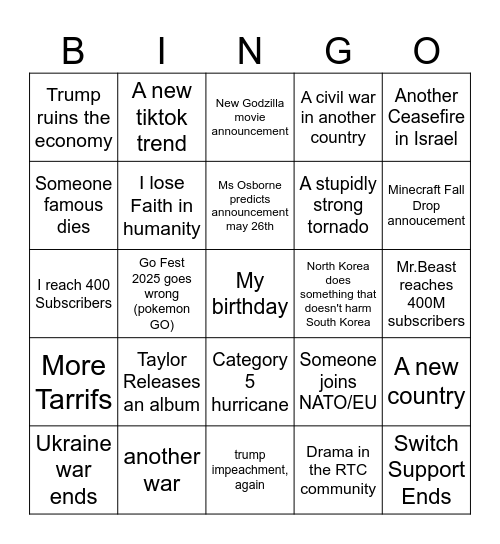 Second Half of 2025 bingo card Bingo Card