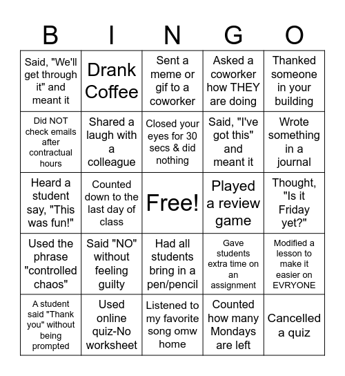 Teacher Survival BINGO Card