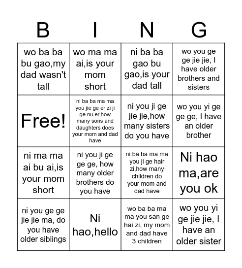 Morgans bingo Card