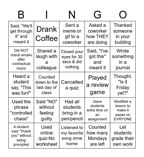 Teacher Survival BINGO Card