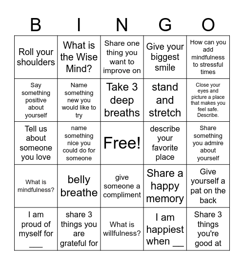 Mindfulness Bingo Card