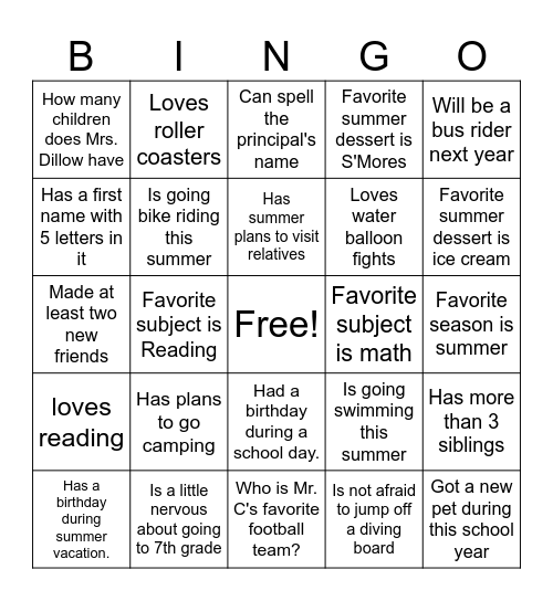 End of School Year Bingo Card