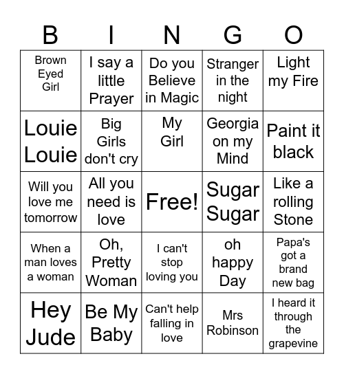 60's Music Bingo Card