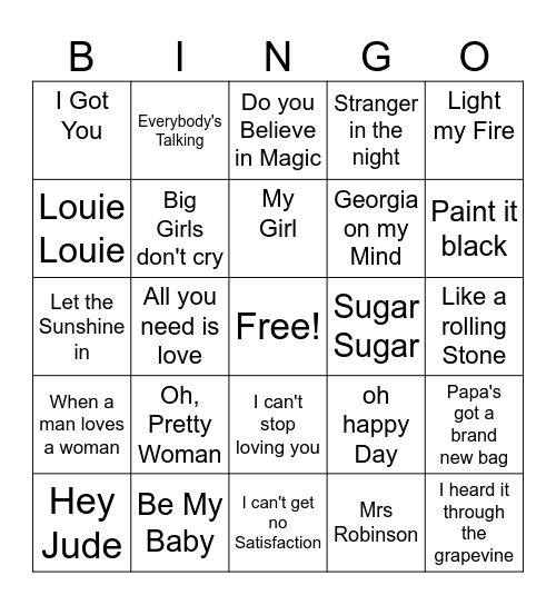 60's Music Bingo Card
