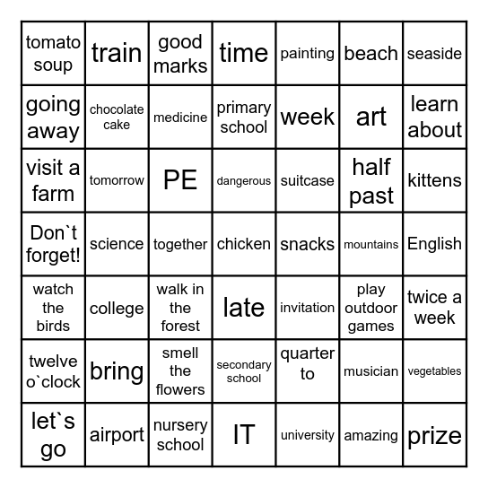 Check your vocabulary Bingo Card