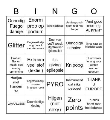 Eurovisie 2025 Bingo Card