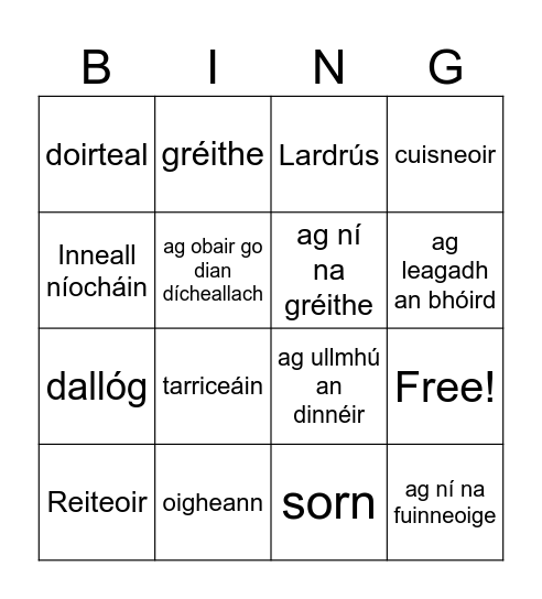 Sa bhaile Bingo Card