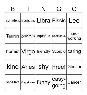 Star Signs Bingo Card