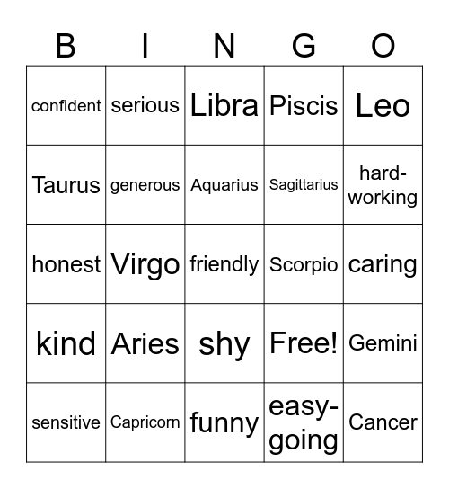 Star Signs Bingo Card