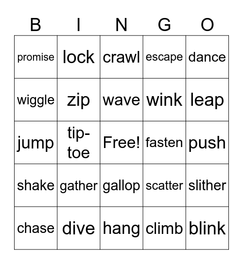 Action Verbs Bingo Card