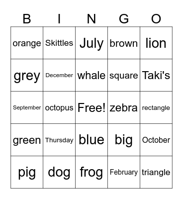 Simple Sentence Bingo Card