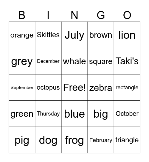 Simple Sentence Bingo Card