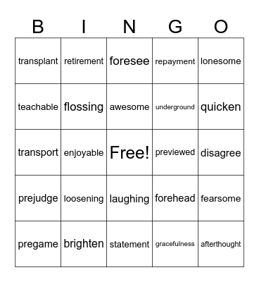 Words with Prefixes and Suffixes Bingo Card