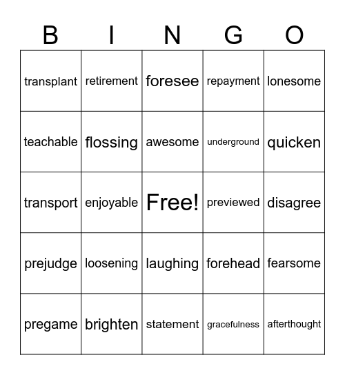 Words with Prefixes and Suffixes Bingo Card